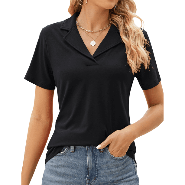 Camisas de Mujer con Cuello de Solapa, Cuello en V, Blusa de Corta, Blusa Informal Elegante. Negro S