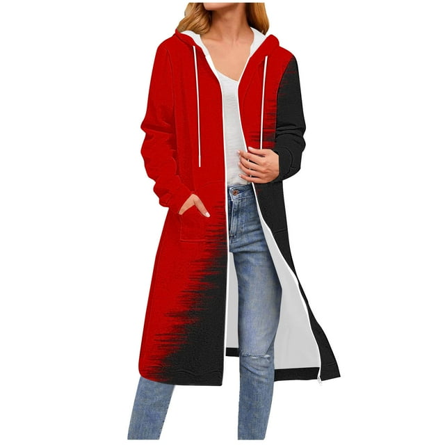 Chandails à Capuchon à Fermeture Éclair pour Femmes Grande Taille Automne Hiver Mode Décontractée Chandails en Molleton à Capuche avec Poche Mode Imprimée Manches Longues à Capuche Poche Fermeture Éclair Cordon de Serrage Hauts de Poche Chandails en Molleton Rouge P