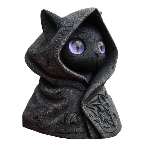 Mysterious Hooded Cat Figurine 3.1",Unique Handmade Mini Resin Halloween Desktop Ornament Multi-Colored Eyes For Home And Office Decor Good Luck Gift For Cat Lovers Family And Friends 2026