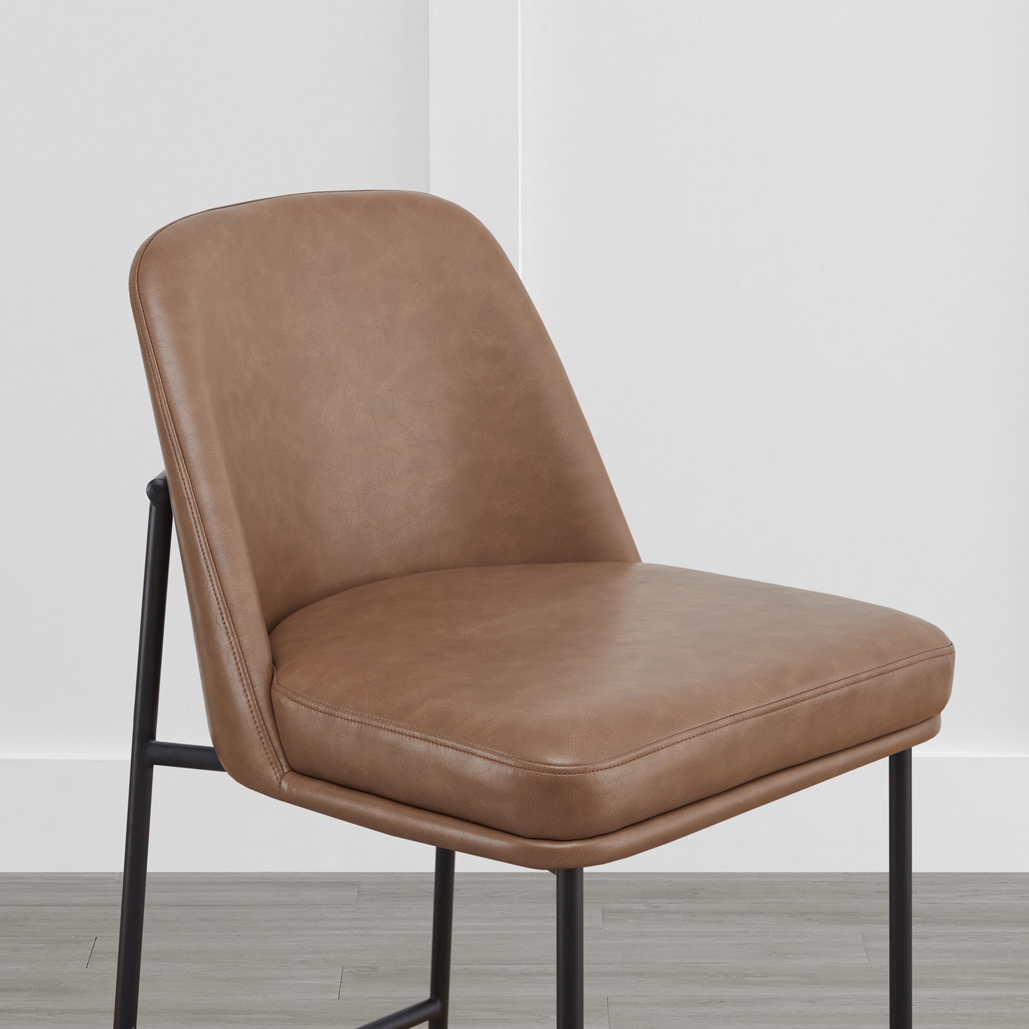 Spruce & Spring Modern 27-Inch Contemporary Counter Stool Set with Upholstered Seat and Metal Frame Set of 2, Saddle Brown Faux Leather