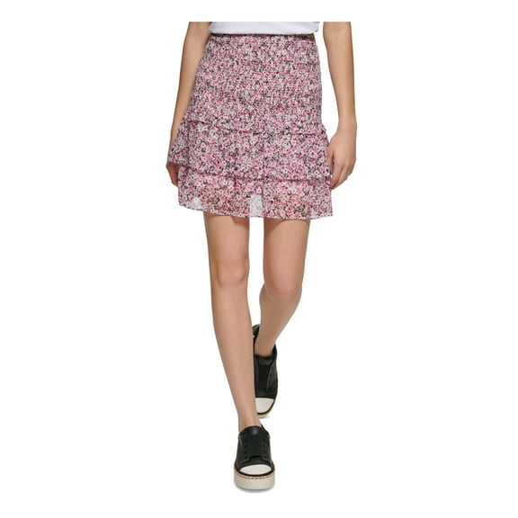 KARL LAGERFELD PARIS Womens Purple Smocked Lined Floral Short Ruffled Skirt XL