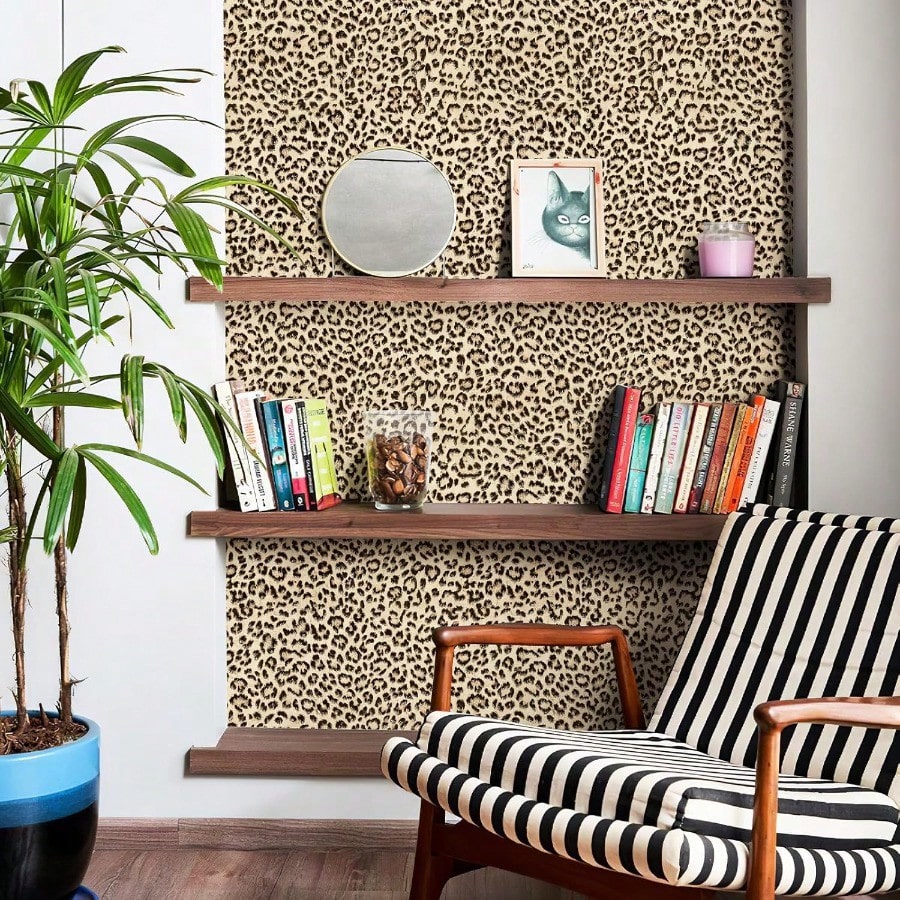 SimonSiff Leopard Print Peel and Stick Wallpaper 17.3x400 Black/Brown Removable Wallpaper Renter Friendly Waterproof Contact Paper for Bedroom Bathroom Living Room Cabinet