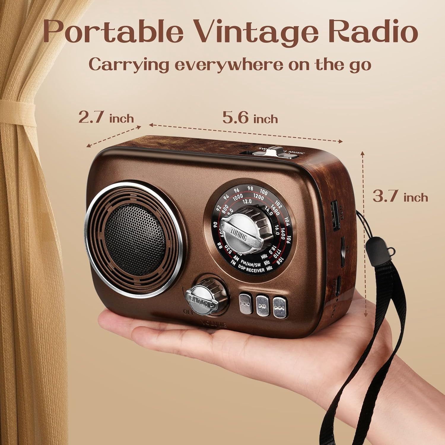 Gelielim Portable Radio AM FM, Bluetooth Speaker Retro Radio, Support USB/TF Card, Rechargeable Battery Operated, Suitable for Indoor&Outdoor, Gift for Parents