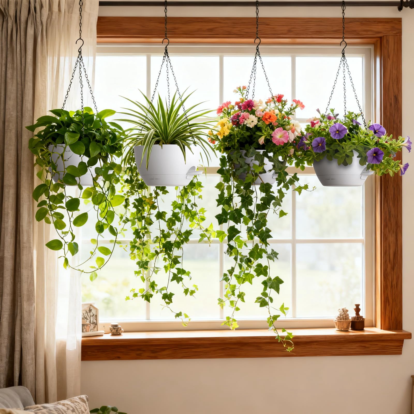 4 Pack 8 Inch Self Watering Hanging Planters For Indoor Outdoor Plants Pots With Drainage Removable Tray  Baskets Flower Ivy Pothos Garden Porch White