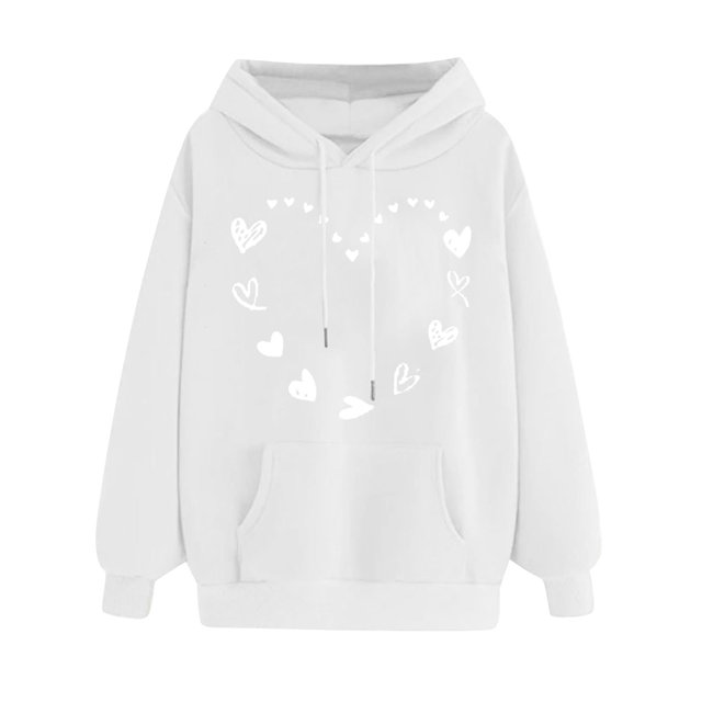 Chandails en Molleton à Capuche Blancs pour Femmes, Chandails en Molleton à Col Rond en Polyester pour Femmes, Sweat à Capuche d'Automne pour Femmes avec Poches et Cordon de Serrage avec un Sweat à Manches Longues Décontracté Imprimé en Forme de Cœur