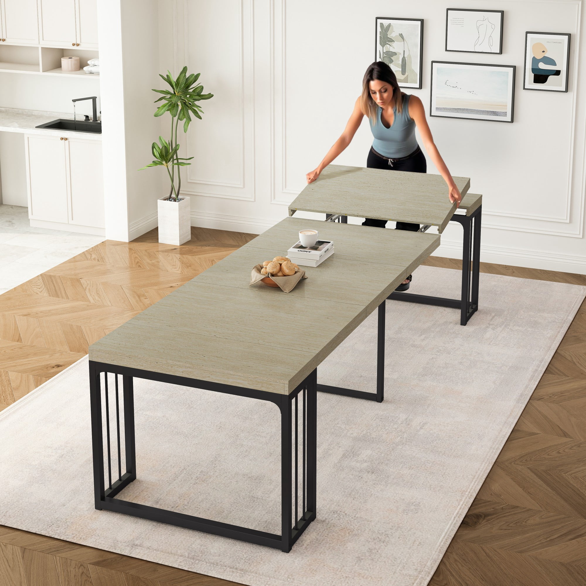 BSHTI 23.62"-118" MDF Extendable Rectangular Dining Table with Metal Base, Wood Grain Top for Kitchen/Dining Room（Ancient White）