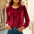thumbnail image 2 of Womens Dressy Tops Soft Velvet Crew Neck Long Sleeve Elegant Shirts with Pleats Solid Color Casual Party Blouses (XL, Red), 2 of 7