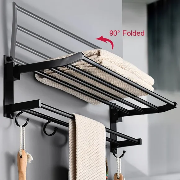 HueMaison Foldable Towel Rack for Bathroom with Towel Bar 24" 2 Tier Metal Towel Holder Wall Mounted, Black