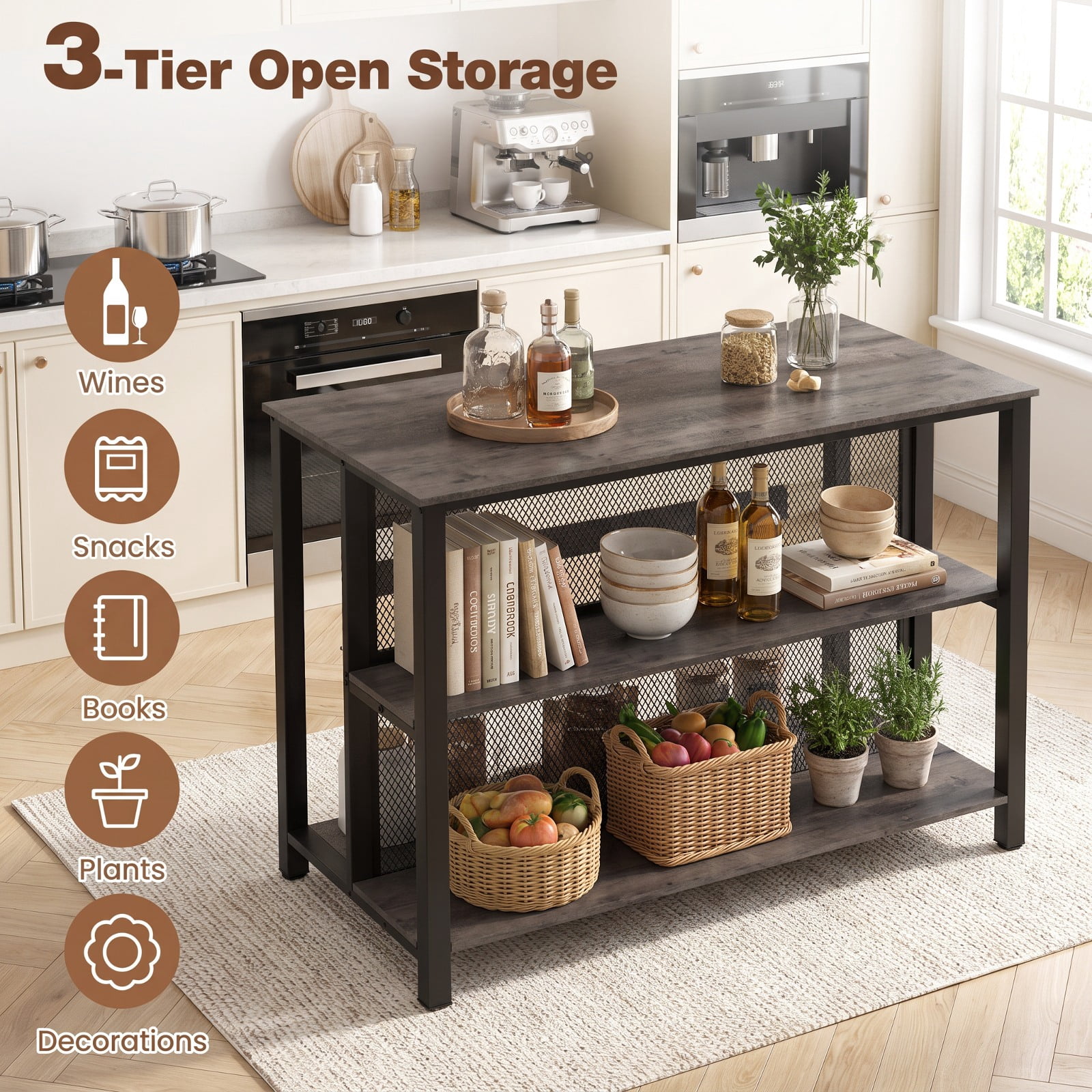 Furnibear 36 Inch 3-Tier Bar Table with Storage Metal Frame Adjustable Foot Pads for Dining Room for Kitchen Dining Bar Bistro Pub Home Counter, Gray