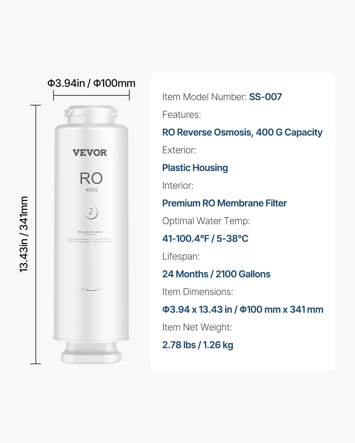 VEVOR Reverse Osmosis System, 400 GPD 9-stage Reverse Osmosis Water Filter Replacement, RO Filter Cartridge for 24 Months, Reduces Lead, Chlorine, Rust, Compatible with SS-001 Under Sink Water Filter