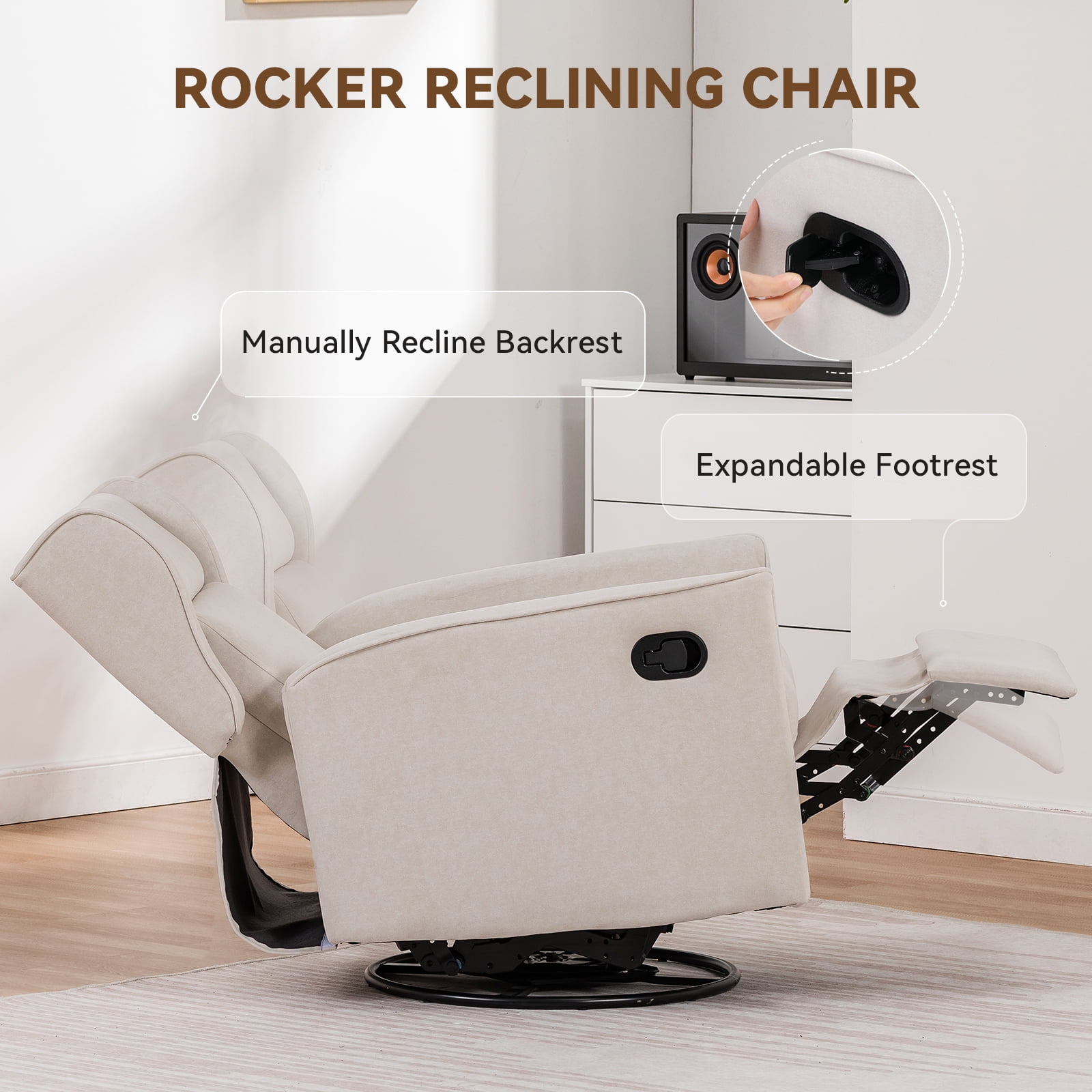 COMHOMA Swivel Rocker Recliner Chair, Fabric Lether Single Sofa Seat for Living Room, Beige