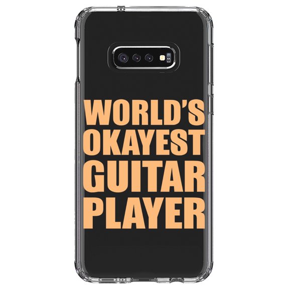 DistinctInk Clear Shockproof Hybrid Case for Samsung Galaxy S10e (5.8" Screen) - TPU Bumper Acrylic Back Tempered Glass Screen Protector - World's Okayest Guitar Player