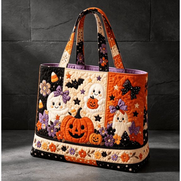 Halloween Tote Bag for Women Quilted Large Shopping Handbag, Fun Fall Ghost Bow Jack‑O‑Lantern Bag, Lightweight Work Travel Shopping Tote