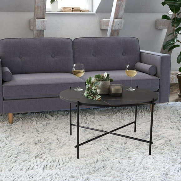 CorLiving Ayla Black Marbled Effect Engineered Wood Indoor Coffee Table with Iron Legs