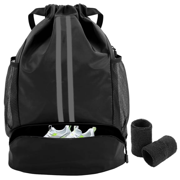 YXMEIGUO Drawstring Backpack Gym Bag with Shoes Compartment for Soccer, Basketball, Swim, Water-Resistant Draw String Back Bag for Women Men, Black