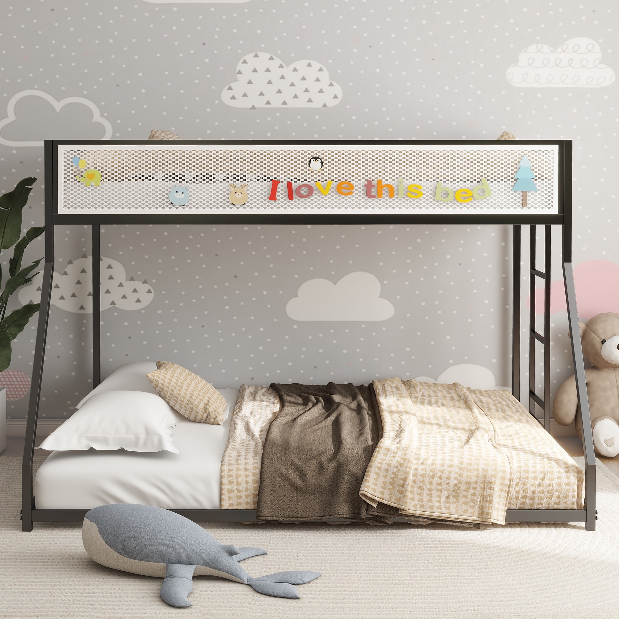 Miniyam Twin over Full Bunk Bed with Mesh Guardrail for Kids and Teens, Black
