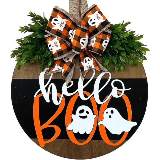 Señal de bienvenida de Halloween para puerta de entrada, patrón lindo clásico, señal de puerta de bienvenida de madera redonda, decoración colgante de 30cm