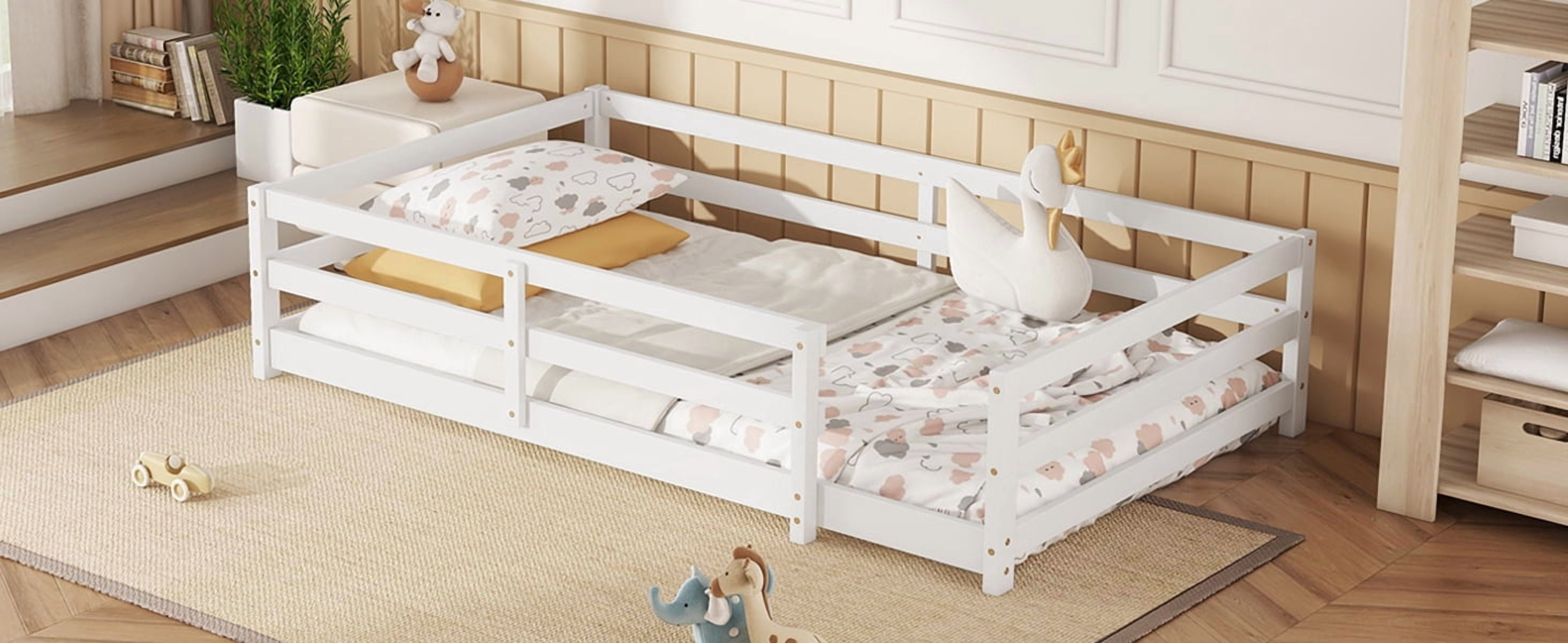 Leumius Twin Size Floor Bed,Montessori Floor Bed with Fence,Wood Floor Bed Frame Twin Size for Boys & Girls,No Box Spring Needed,White