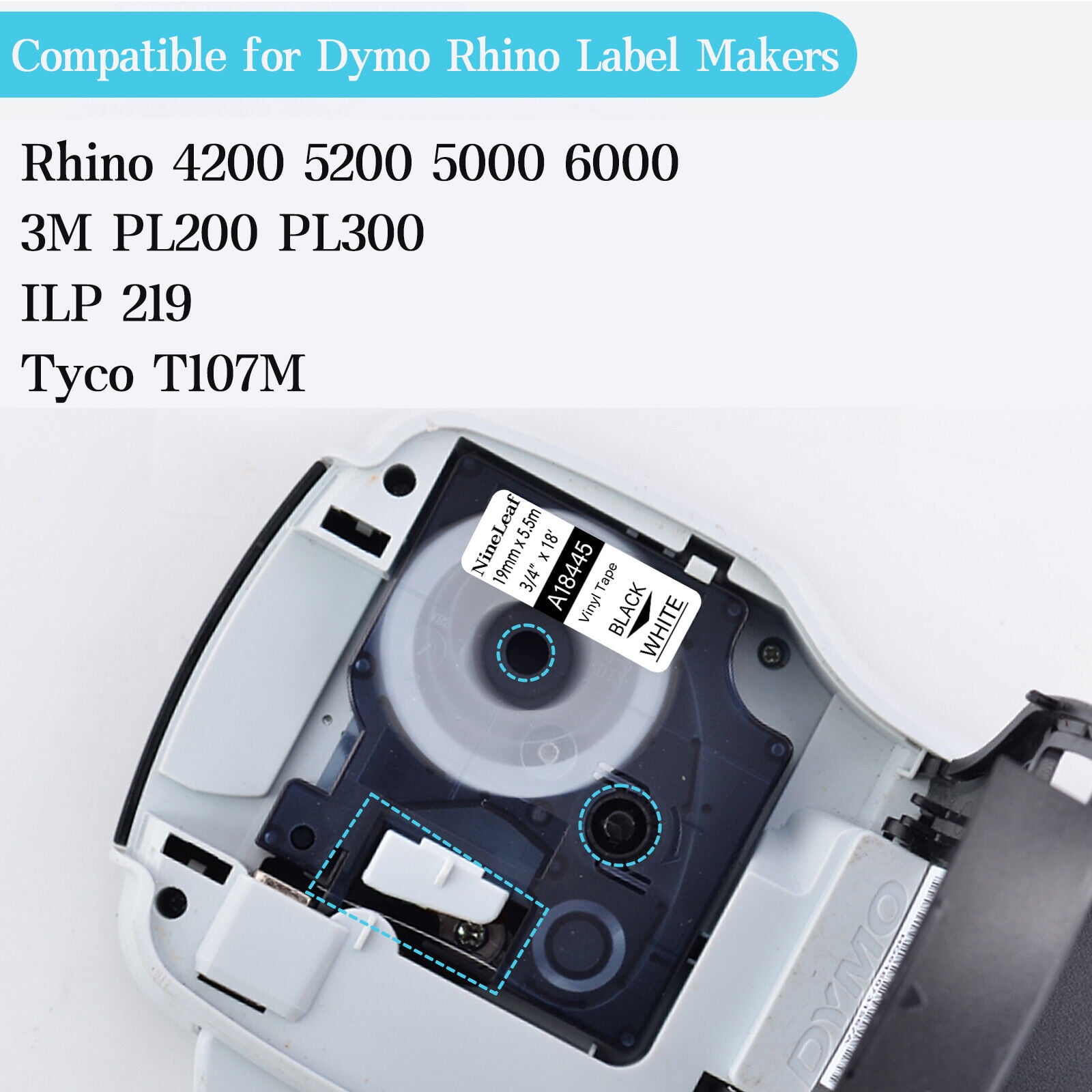 NineLeaf 10PK Compatible for DYMO 18445 3/4" x 18' (19mm x 5.5m) Black on White Industrial Vinyl Label Maker Tape for Rhino 4200 5200 Label Maker