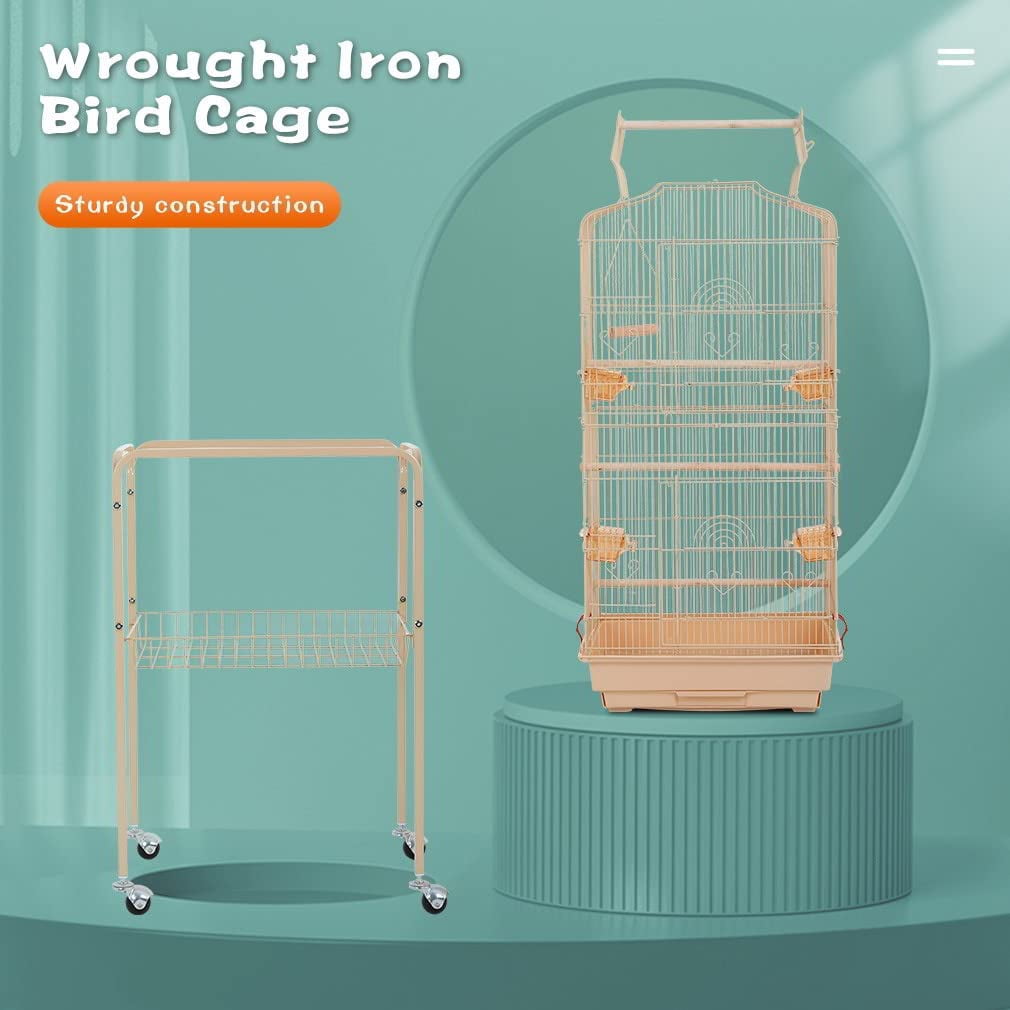 CL.HPAHKL Large Bird Cage, 64 inch Parakeet Cage with Open Play Top & Rolling Stand, Wrought Iron Birdcage for Parrot Cockatiel Cockatoo Lovebird, Almond