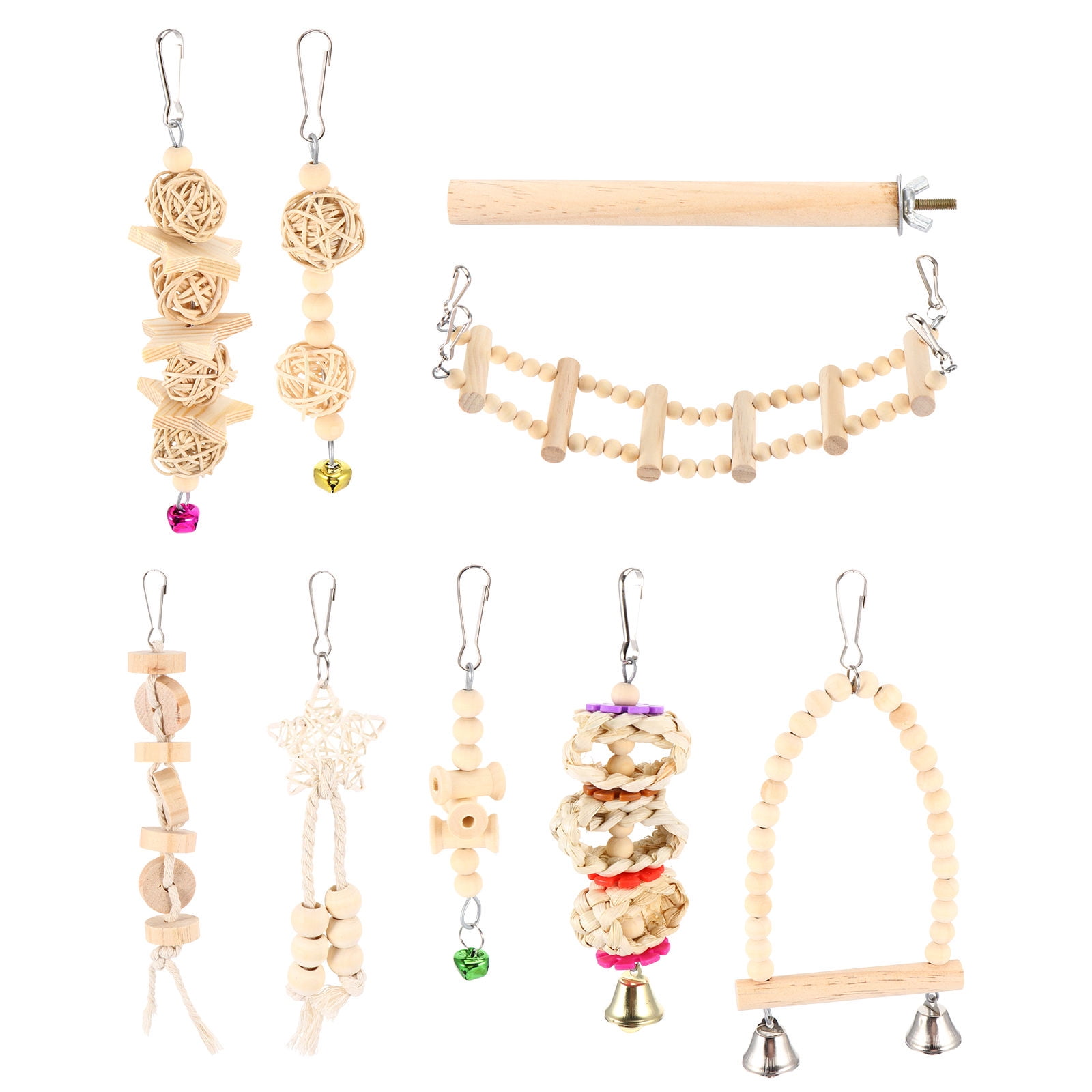 FOLOYORI 9pcs Parrot Set with Hanging Chewing Standing Wood Bird Swing