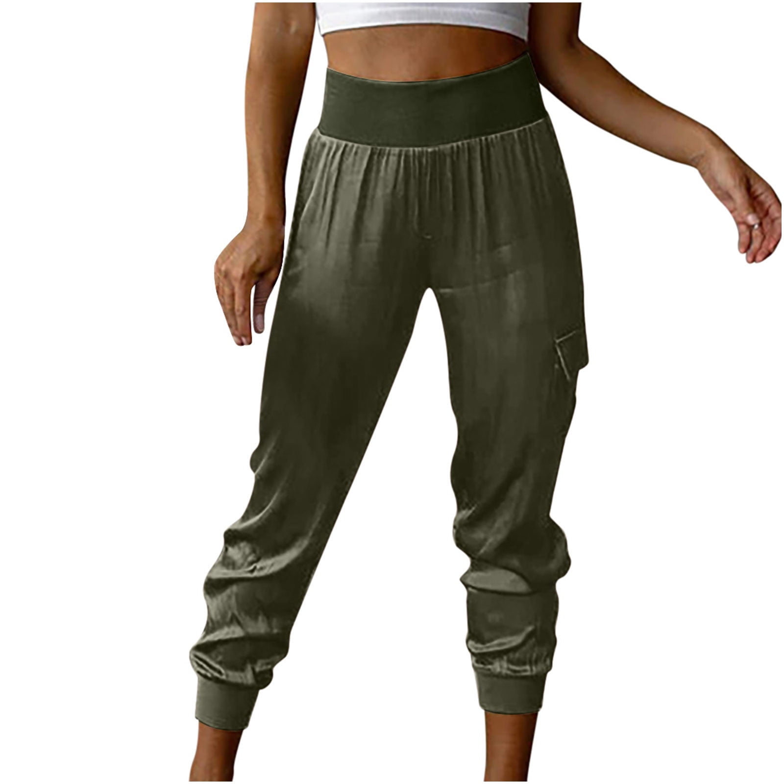 JWZUY Women's Satin Jogger Casual High Waist Cropped Lounge Cargo Sweatpant  Pants with Pocket 1-Army Green Small 