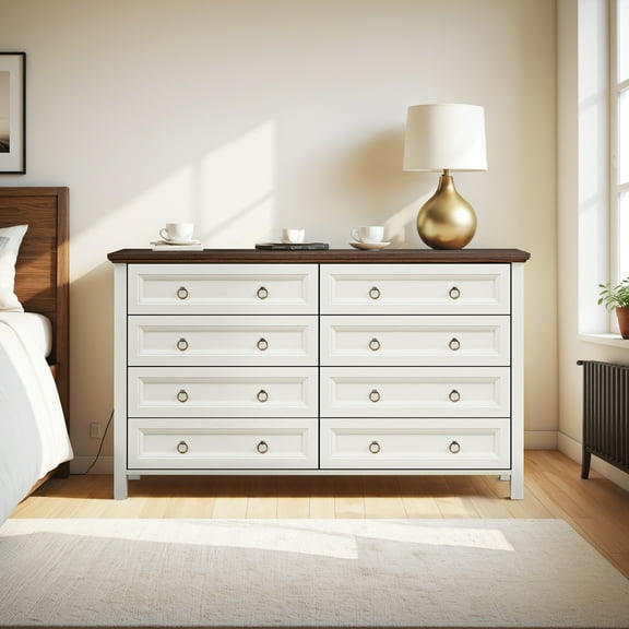 Vastcury Farmhouse 8 Drawers Dresser for Bedroom, 54" Wood Rustic Wide Chest of Drawers, Storage Cabinet for Living Room Hallway, Antique White