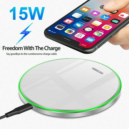 Wireless Charger Ultra Slim 15W Qi Wireless Charging Compatible with 12/12 Mini/12 Pro Max/SE 2020/11 Pro Max Samsung Galaxy S21/S20/Note 10/S10 and All Qi-Enabled Phones White
