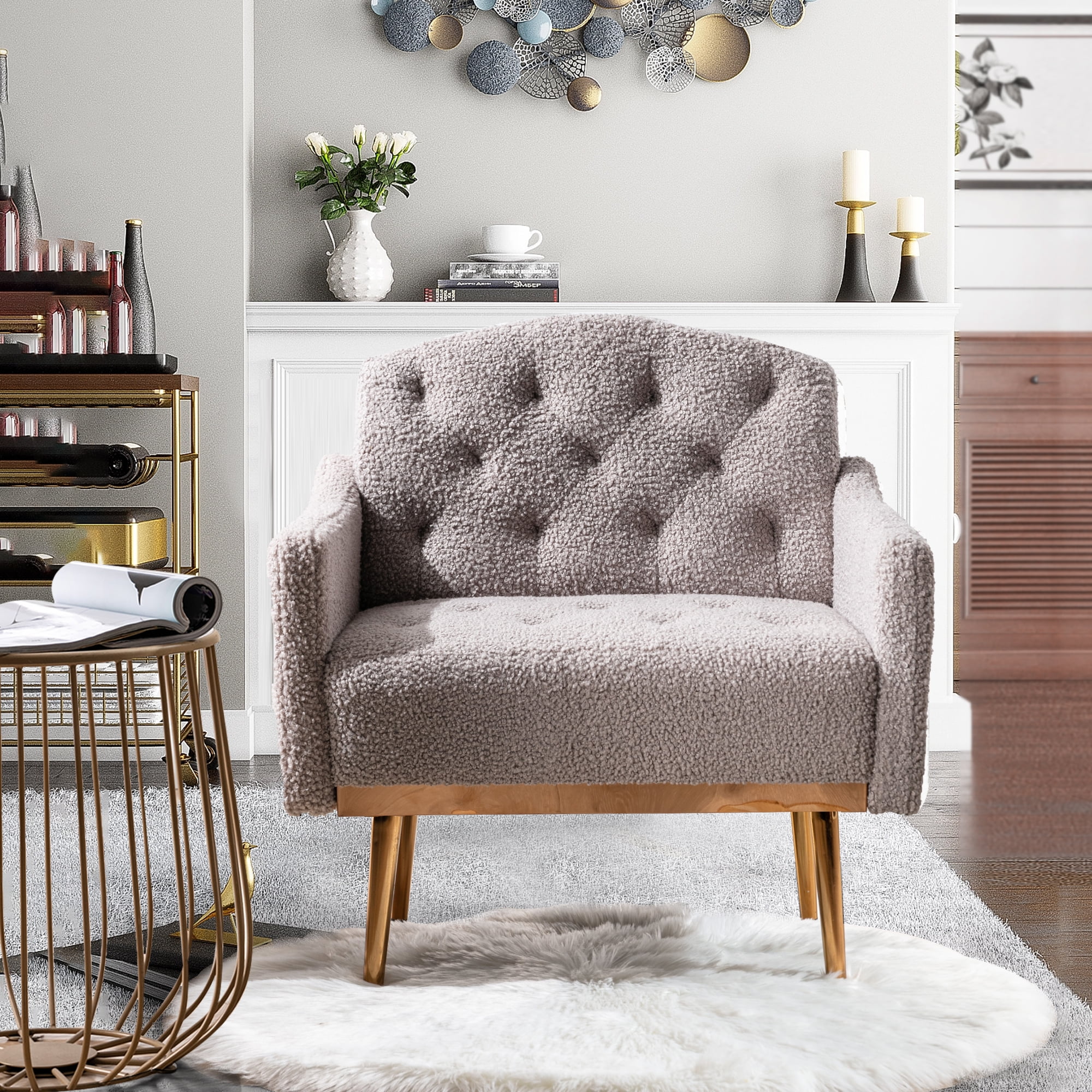 Muumblus Modern Accent Chair, Upholstered Single Sofa Chair Sherpa Arm Chair for Living Room and Bedroom, Comfy Armchair with Metal Legs, Gray Velvet