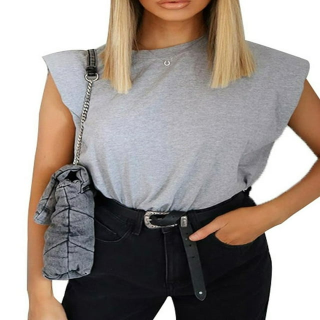 Tee-shirt Sans Manches en Coton Rembourré à l'Épaule pour Femmes