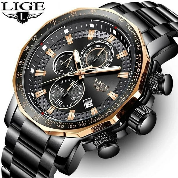 Reloj LIGE Reloj de moda para hombre cuarzo con esfera grande negro Walmart en linea