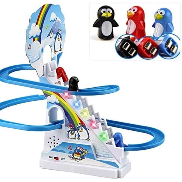 Juego de pista de carreras, 25,5 x 14,5 x 28 cm, material ABS, con vagón eléctrico, tobogán de pingüino, diseño colorido, duradero, desarrollo de habilidades motoras finas, para niños pequeños y niños
