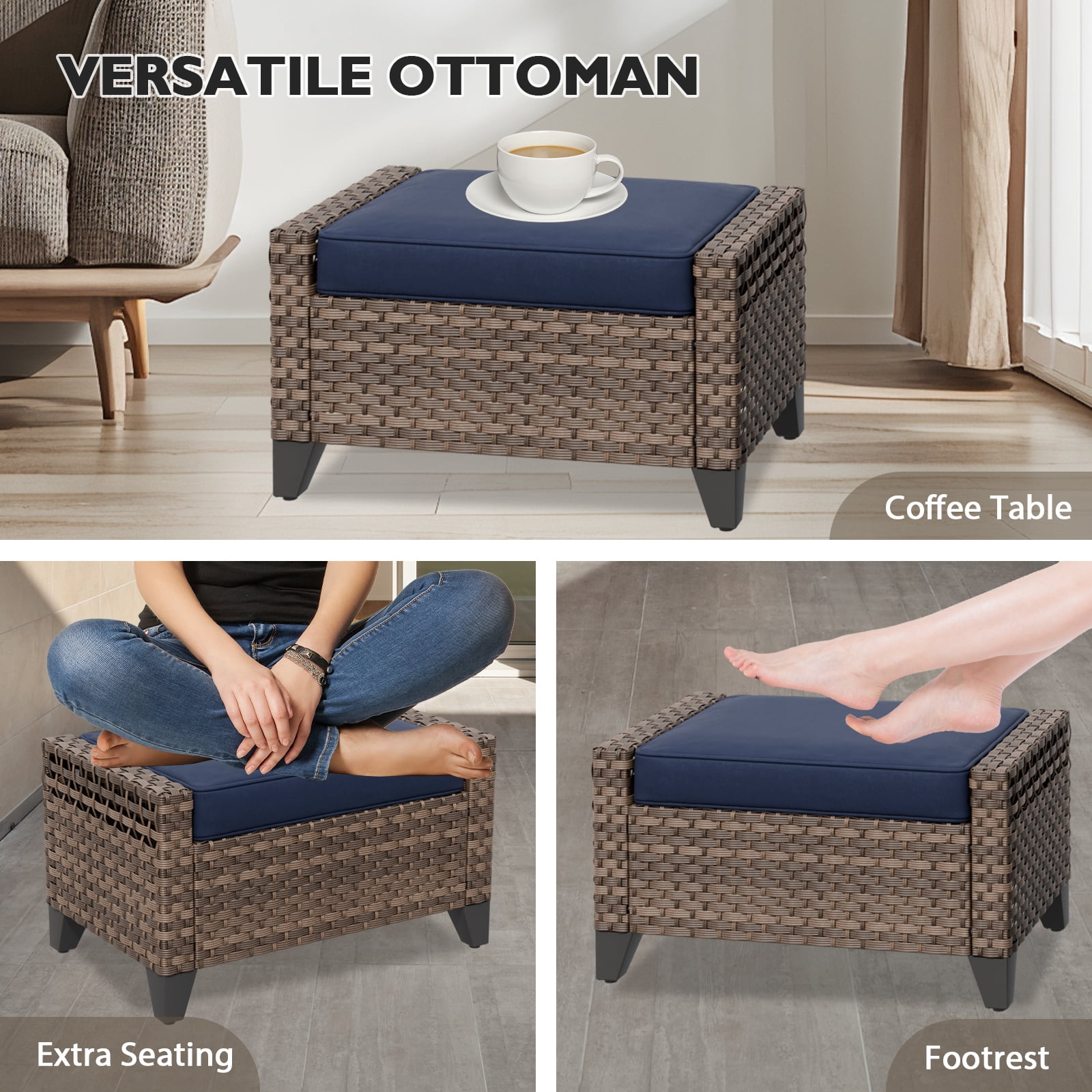 COOS BAY 5 Piece Brown Wicker Patio Sofa Set Outdoor Rattan Furniture Conversation Set 3-Seat Sofa, Dining Chairs and Ottomans with Blue Cushions