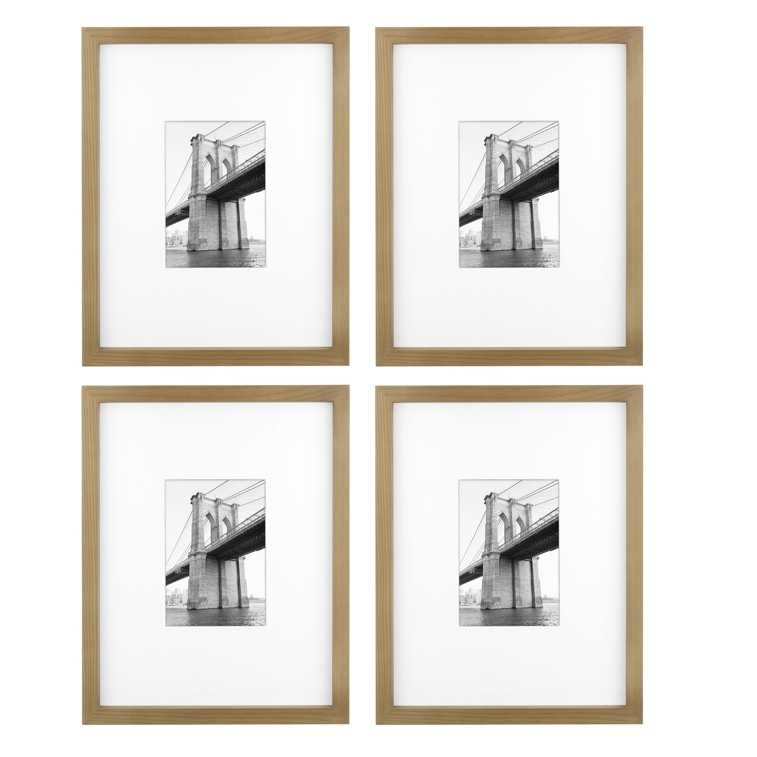 Better Homes & Gardens 11x14 Matted to 5x7 Wood Wall Picture Frame Set, Natural Wood, Set of 4