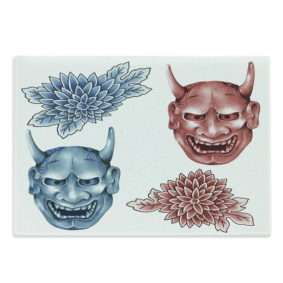 Kabuki Cutting Board, Different Coloreds of Japanese Demoness Ornate Flowers Art, Decorative Tempered Glass Cutting and Serving Board, Large Size, Blue Red White, by Ambesonne