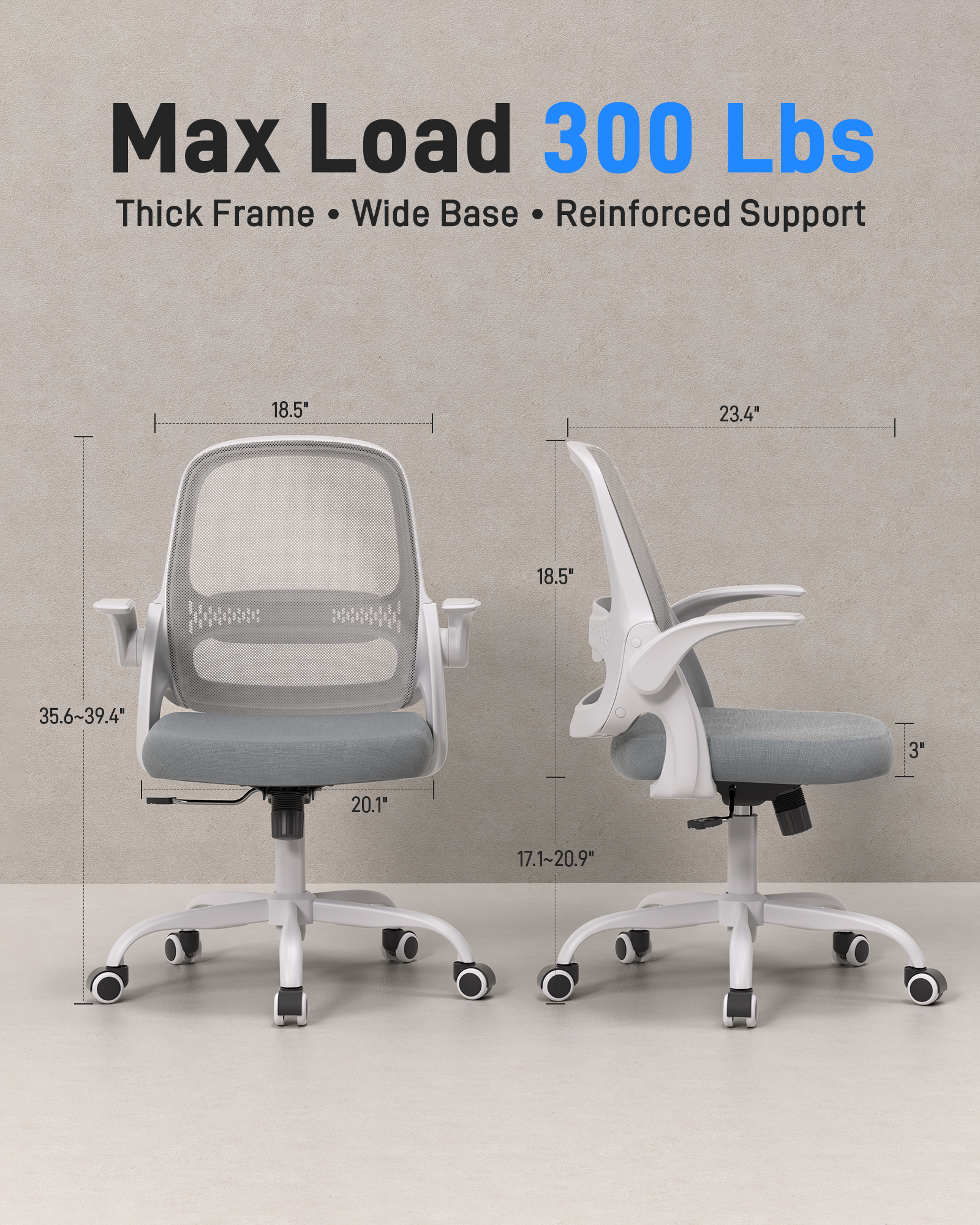TMV Ergonomic Office Chair, Mesh Computer Chair with Wide Seat & Arms - Rolling Desk Chair with Wheels for Home Office, Gaming, or Living Room，Grey