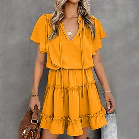 

COBKK Mini Skirts For Women s Summer V-neck Fashion Short Sleeve Pleated Mini Skirt Dress Skirts For Women Bohemian Yellow XL