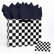 13 Inches Race Car Gift Bag Black and White Checkered Gift Bag with Handle Tissue Paper and Greeting Card for Boys Girls Birthday Racing Car Themed Party Large Paper Gift Bag