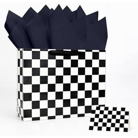 13 Inches Race Car Gift Bag Black and White Checkered Gift Bag with Handle Tissue Paper and Greeting Card for Boys Girls Birthday Racing Car Themed Party Large Paper Gift Bag