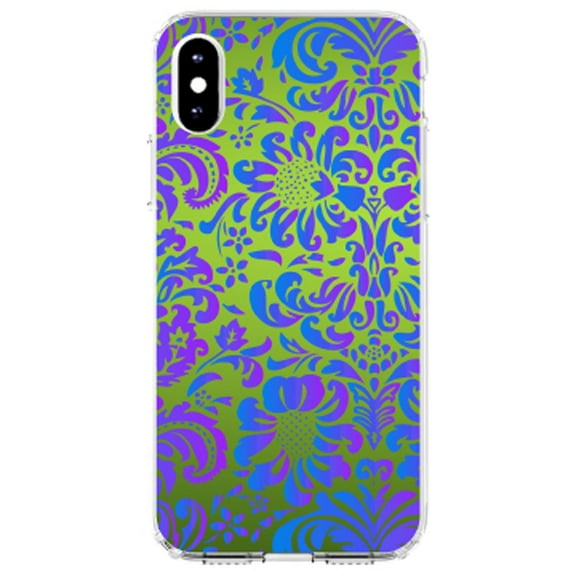 DistinctInk Clear Shockproof Hybrid Case for iPhone X / XS (5.8" Screen) - TPU Bumper, Acrylic Back, Tempered Glass Screen Protector - Green Purple Blue Floral Pattern