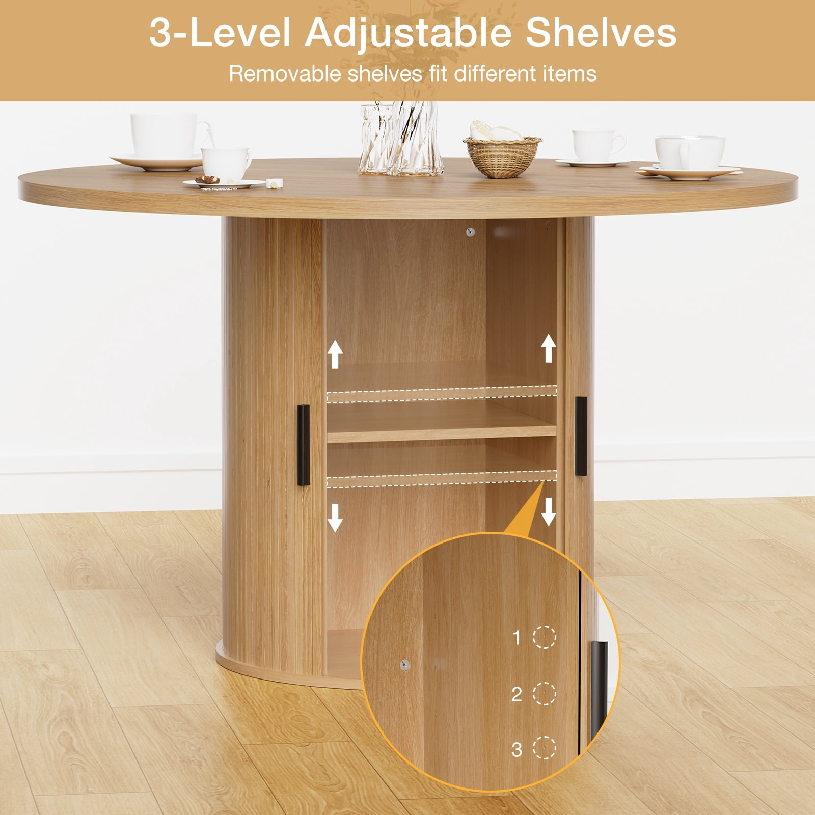 Hommpa 48" Round Dining Table with Storage,Morden Kitchen Table Wood for 4 with 2-Layer Storage Shelves and Wood Slide Door for Kitchen Living Room,Heavy Duty Pedestal Base,Natural
