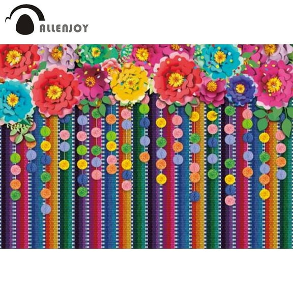 Allenjoy Mexican Party Background Colourful Stripes Cinco De Mayo Floral Baby Shower Birthday Fiesta Banner Photoz Backdrop