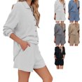 thumbnail image 2 of Pijamas Set Pure Color Loungewear Set Solapa Cuello Camisas Pantalones Cortos Set Ribbed Manga Larga Pantalones Cortos Traje Blanco S, 2 of 6