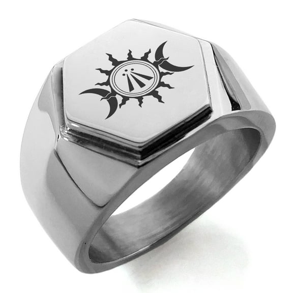 Stainless Steel Celtic Awen Arwen Sun & Moon Engraved Hexagon Crest Flat Top Biker Style Polished Ring