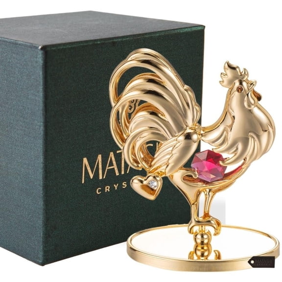 Matashi 24K Gold Plated Crystal Studded Rooster Ornament with Red & Clear Crystals – Home Decorative Tabletop Showpiece  1  Count