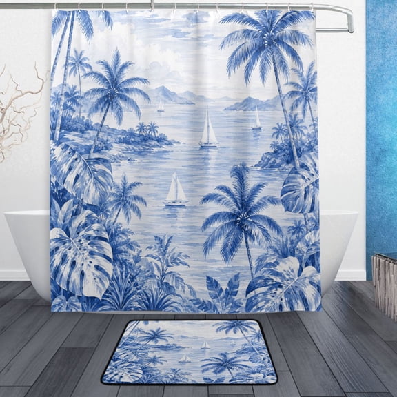 TTYFWHD 60" x 72" Shower Curtain and Bath Mat Set Navy Island Sailboat Wall Art Waterproof Bathroom Curtain with 12 Hooks, Bathroom Decor Set