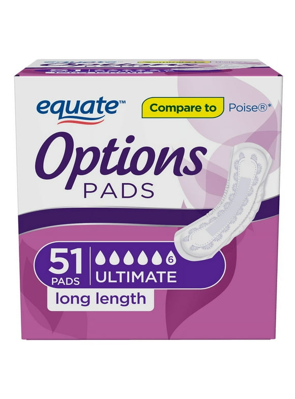 Equate Options Women's Incontinence Pads, Ultimate Absorbency, Long Length (51 Count)
