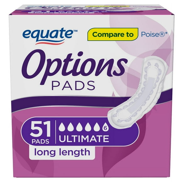 Equate Options Women's Incontinence Pads, Ultimate Absorbency, Long Length (51 Count)