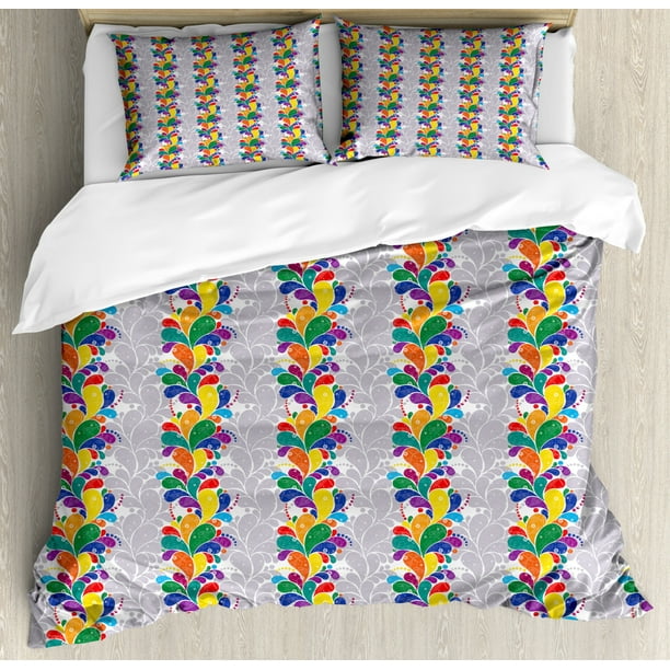Colorful Duvet Cover Set, Modernistic Rainbow Colored Paisley Pattern