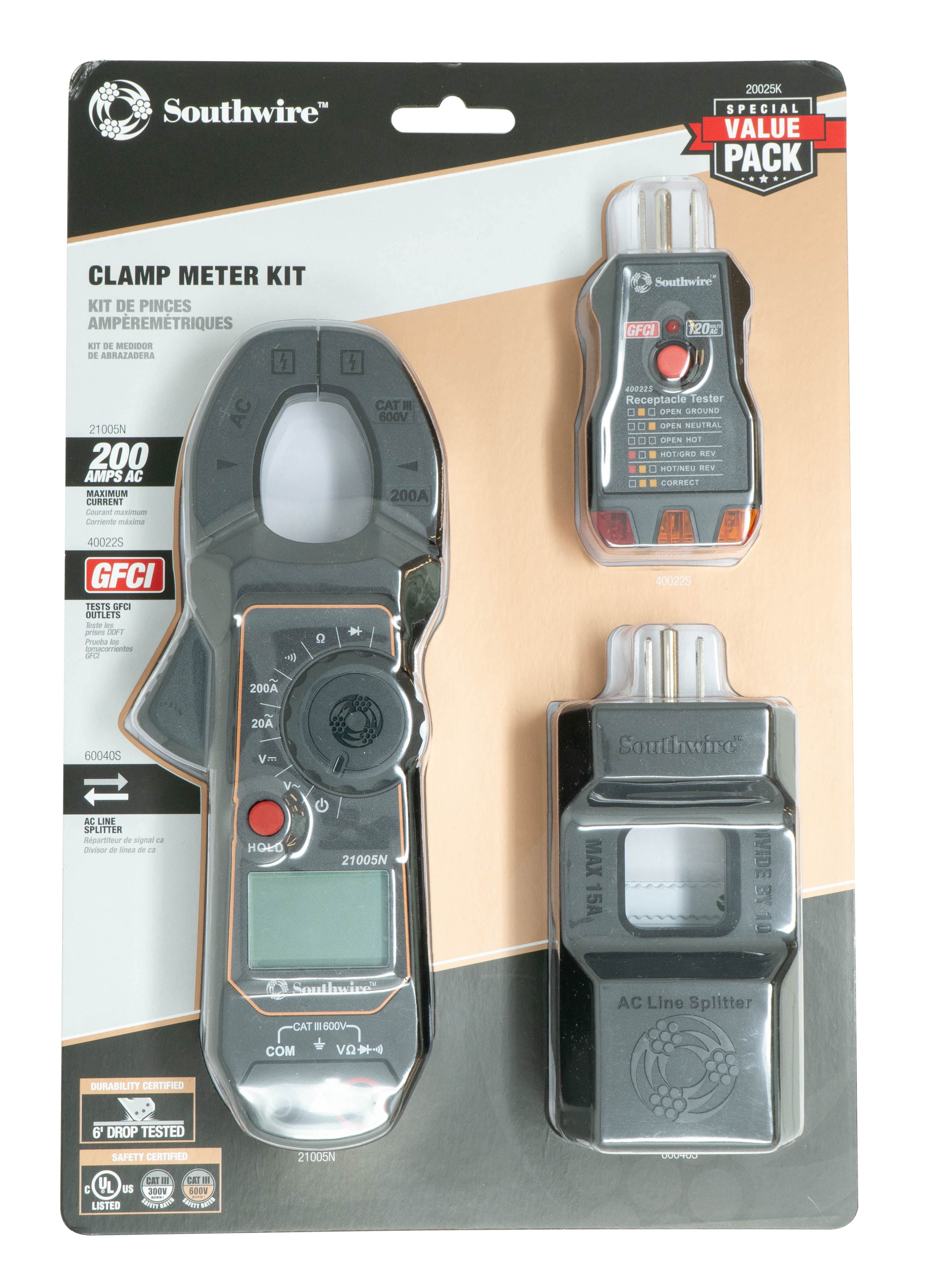 Southwire 20025K Clamp Meter Electrical Tester Kit, 200A Clamp Meter